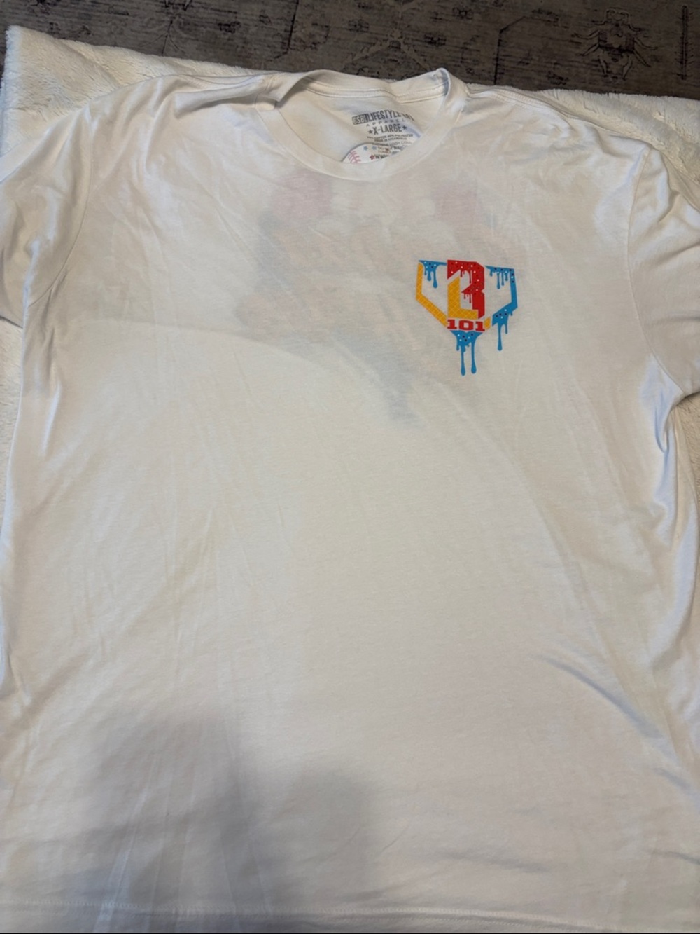 Men's White Short Sleeve Tee with Colorful Drip Logo
